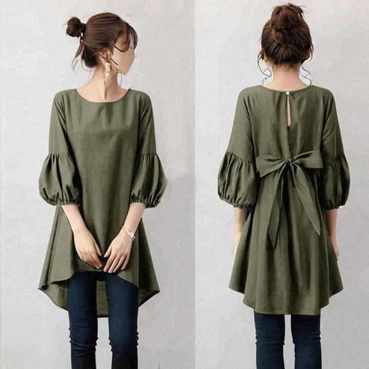 Disponibile in stile giapponese 2025, nuova primavera, tinta unita, scollo rotondo, manica a lanterna 7/10, laccio posteriore_voghion.com