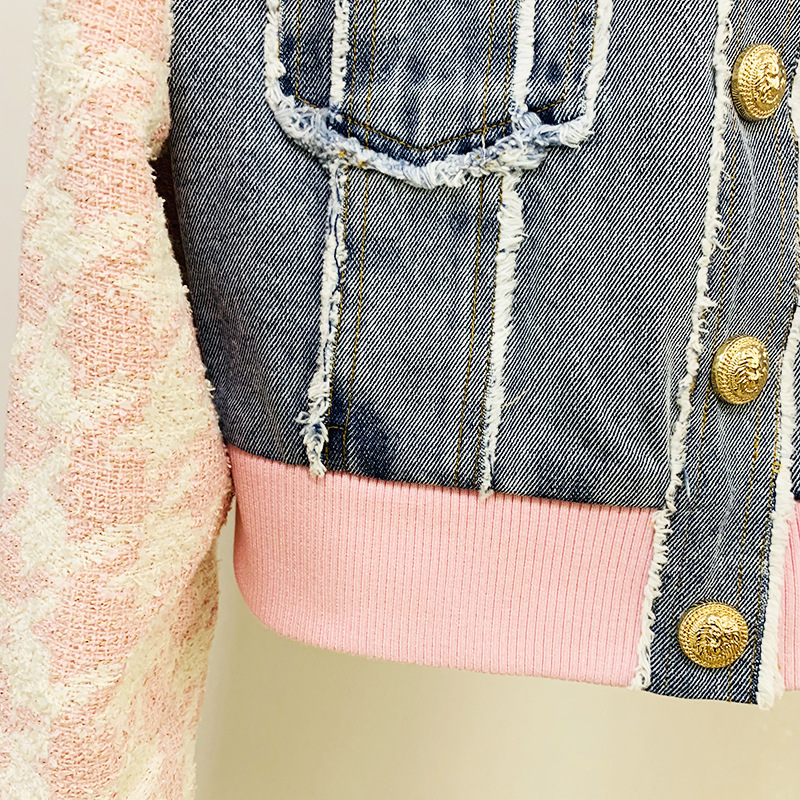 Chaqueta de uniforme de béisbol con borde suelto y empalme de mezclilla para mujer + conjunto de dos piezas de traje de falda_voghion.com