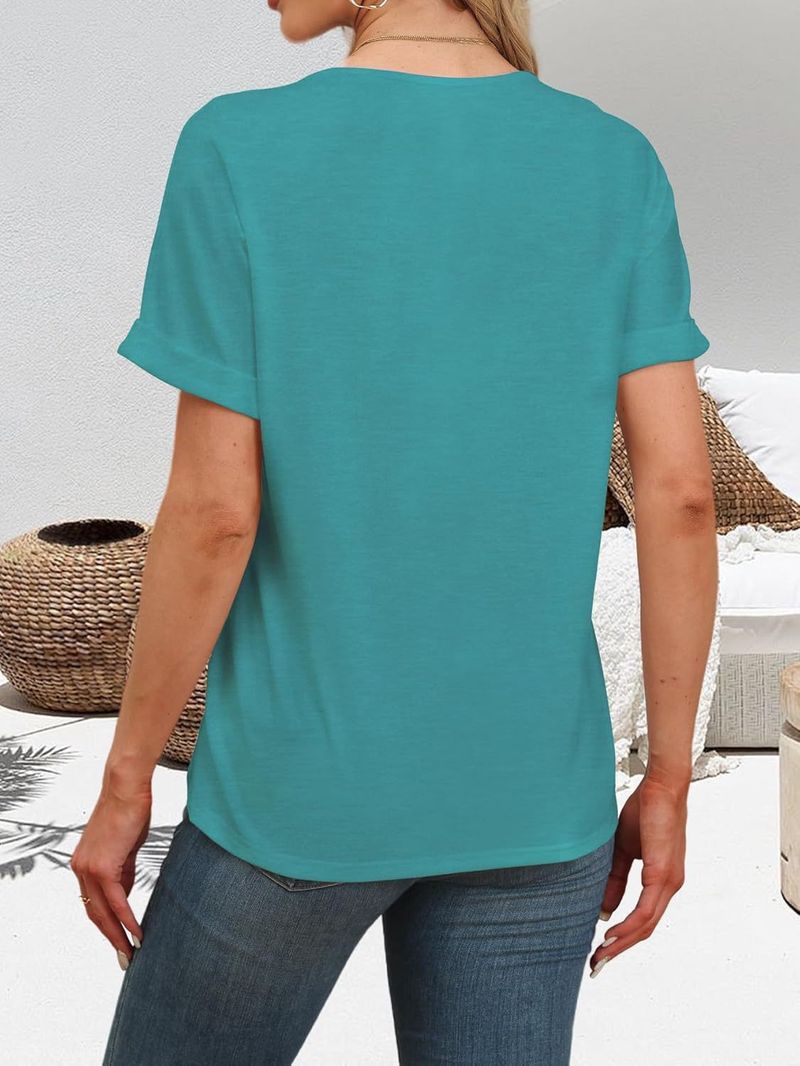 Maglietta a maniche corte tinta unita con scollo a V, ampia e ampia, da donna, estate 2025_voghion.com