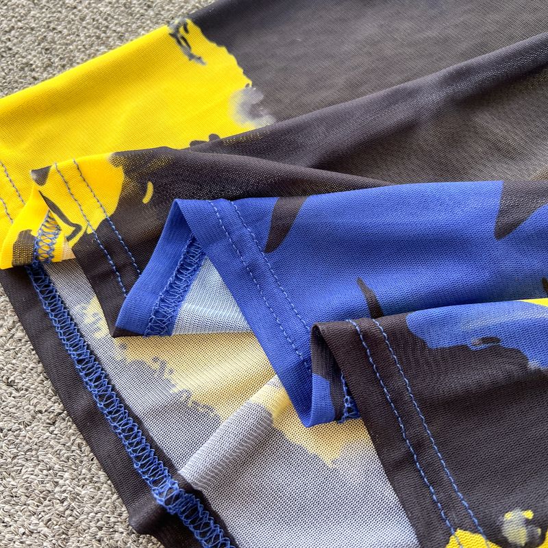 Damenbekleidung Retro High-End-bedruckter modischer Netzanzug für Damen im Sommer, kurzes, langärmeliges, enges T-Shirt + Maxirock mit hoher Taille_voghion.com