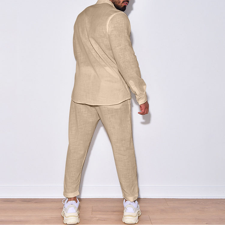 Set casual de toamnă din in pentru bărbați, pantaloni de lucru dintr-o singură piesă cu mânecă lungă, set nou din două piese pentru bărbați_voghion.com