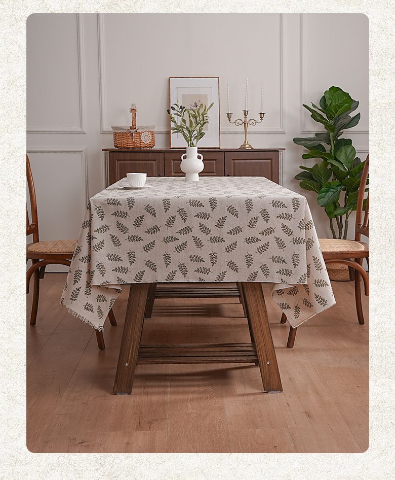 Cotton-Polyester Tablecloth With Willow Leaf Pattern - Rustic Farmhouse Rectangular Table Cover For Dining & Study (Dustproof, Decorative)_voghion.com