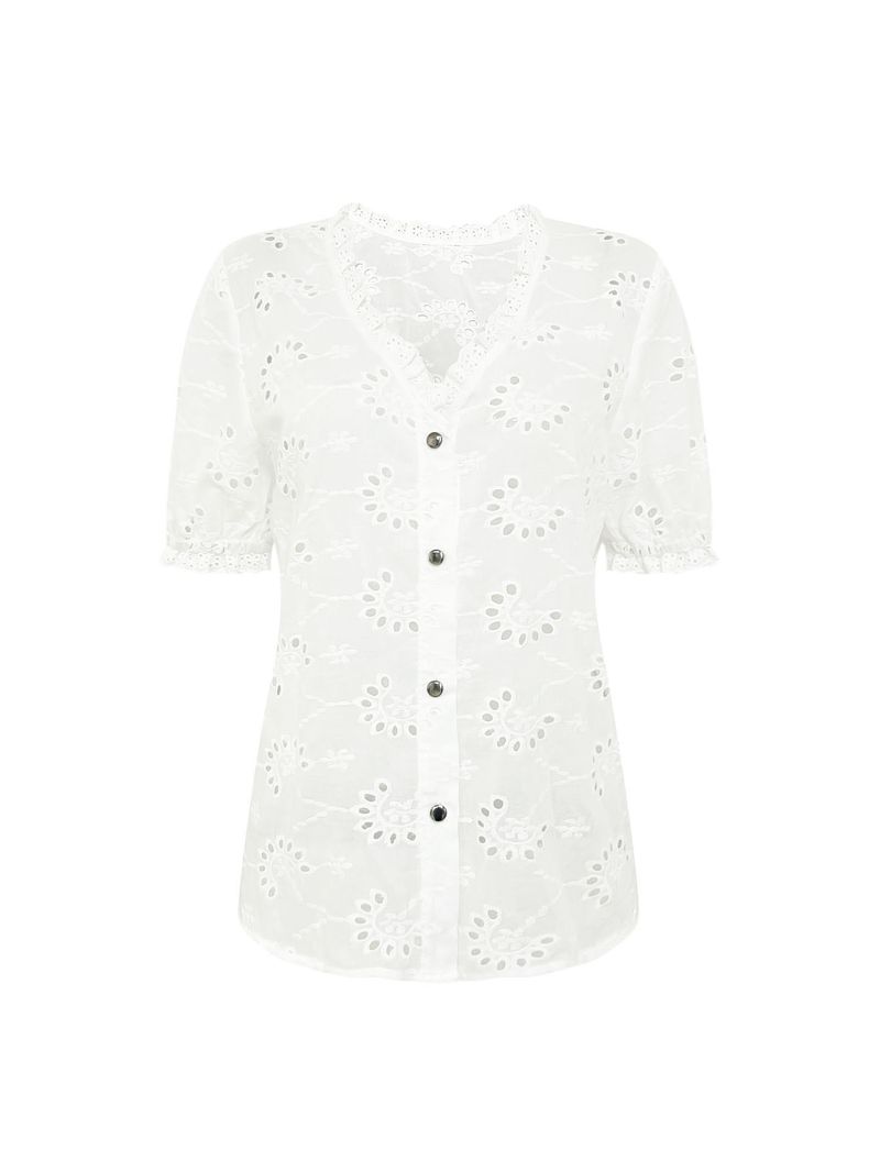 Bestickte Kurzarmbluse für den Sommer für Damen – Freizeithemd mit Blumenmuster und Schnürung, lockere Passform, atmungsaktive Polyestermischung, bequem und stilvoll_voghion.com