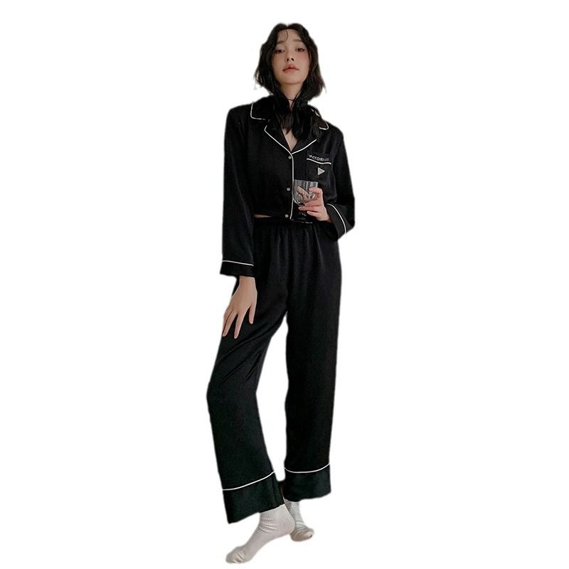Pajamas Women's V-neck Exposed Navel, Long-sleeved Home Two-piece Set Of Satin Chiffon Thin Loungewear Can Be Worn Outside_voghion.com