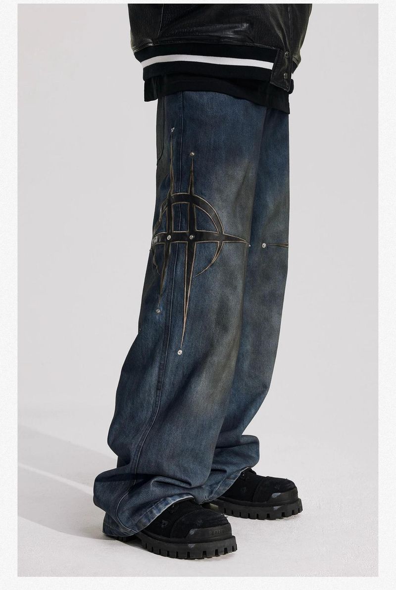 "Retro Streetwear Denim Pants – Loose Straight Fit Jeans With Rivet & Patch Design, Casual Style, Unisex (M-4XL)"_voghion.com