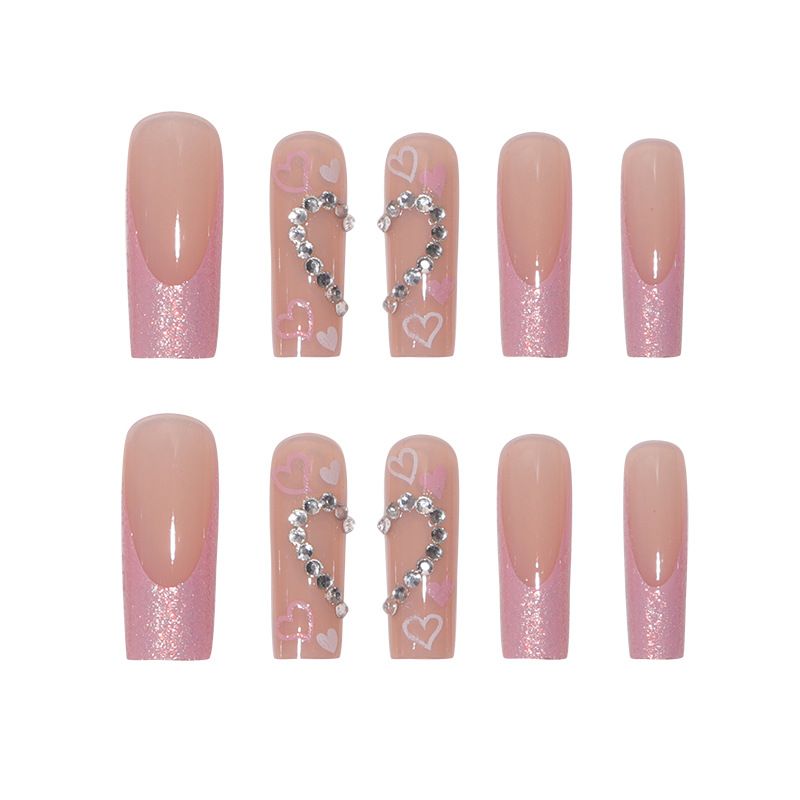 Long French Tip Glitter Heart Press-On Nails - Glamorous False Nails With Rhinestone Accents, Reusable & Easy To Apply (Glue/Sticker Options)_voghion.com