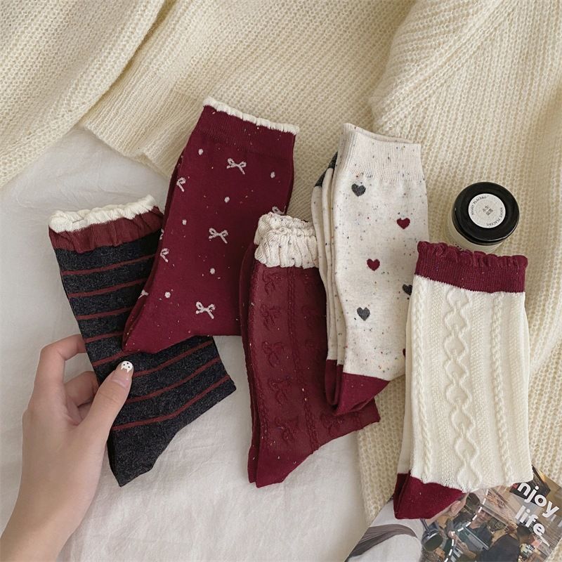 Women's Berry Red Knit Socks With Bow And Checkered Pattern, Medium Cuff, Breathable Cotton, All-Season Wear Polka Dot Stacked Socks_voghion.com