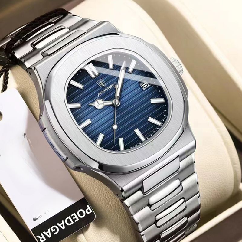 Ανδρικό ρολόι χαλαζία για επαγγελματίες, casual, τετράγωνο καντράν, από ανοξείδωτο ατσάλι, ημερολόγιο, φωτεινό, αδιάβροχο, ανδρικό ρολόι με κουτί_voghion.com