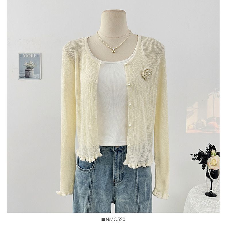 Damenbekleidung Dünnes Rundhals-Spleißen Blumen-Kurzes Langarm-Strick-Sonnenschutzhemd Sommer-Neues Slim Fit-Kleines Cardigan-Oberteil_voghion.com