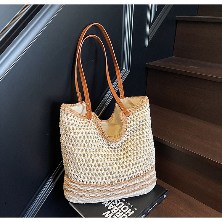 Borsa di paglia Borsa intrecciata Borsa di cotone intrecciata Borsa a tracolla a rete cava da donna Grande capacità Borsa da spiaggia per le vacanze al mare_voghion.com