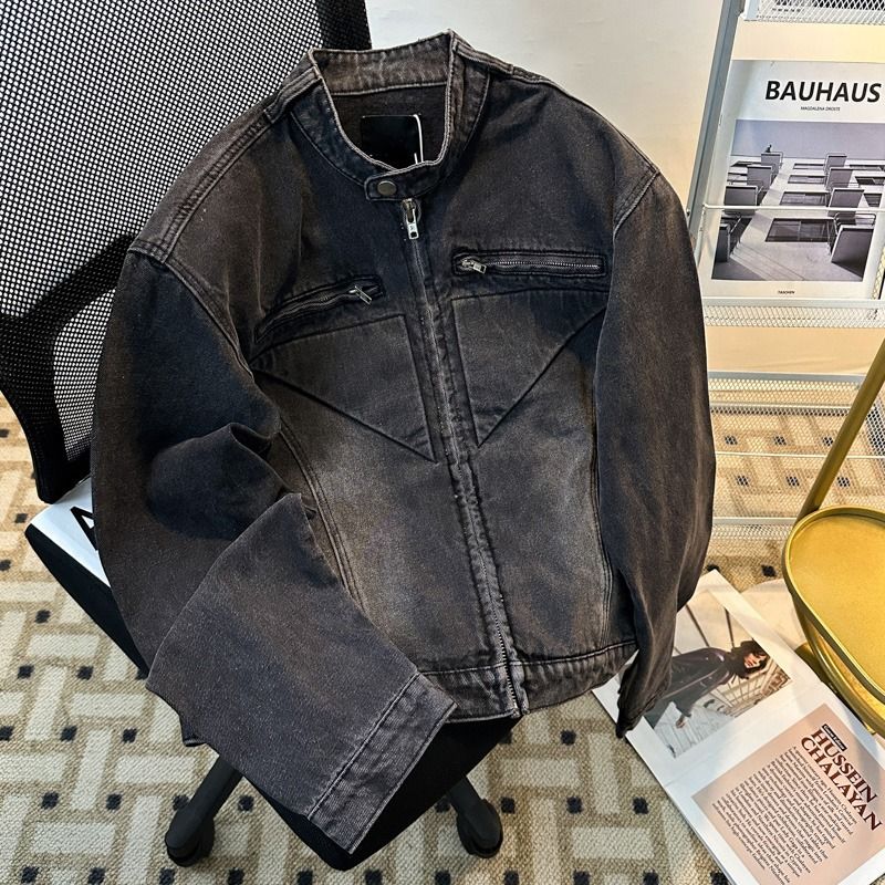 Amerikanischer dekonstruktiver Denim mit Schulterpolstern für Männer, lockerer Streetstyle, cool und stylisch, gewaschen, dreidimensional_voghion.com