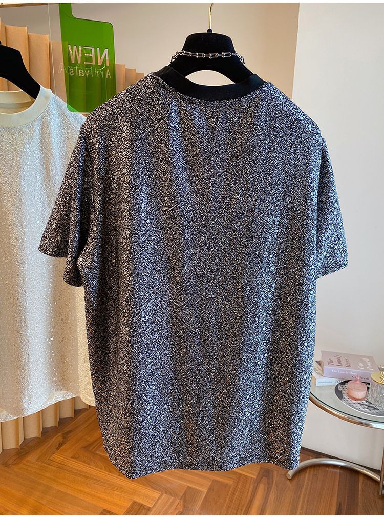 2024 New Loose European Style Sequin Shiny Silk T-Shirt Men's Short Sleeve Unique Chic Design Handsome Top_voghion.com