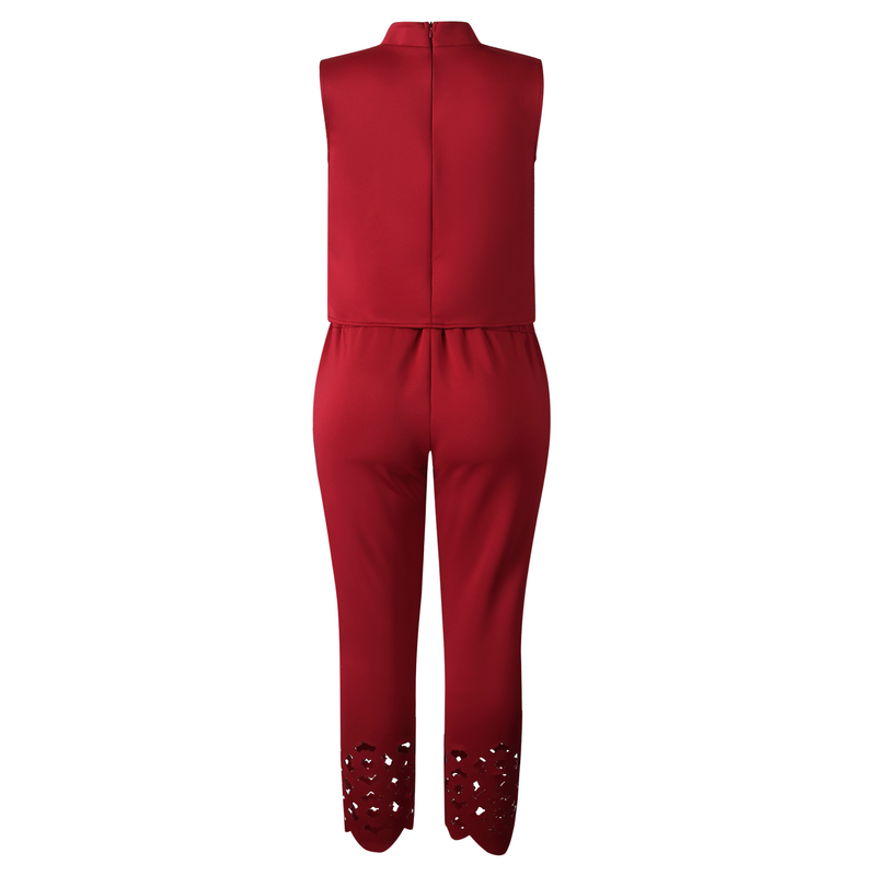 Women's temperament sleeveless hollow top pants yellow suit two-piece set_voghion.com
