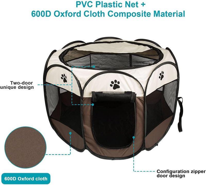 Dotala PET, recinto portatile pieghevole per cani e gatti, in tessuto Oxford 600D di alta qualità, con cerniera superiore rimovibile, per uso interno ed esterno (marrone)_voghion.com