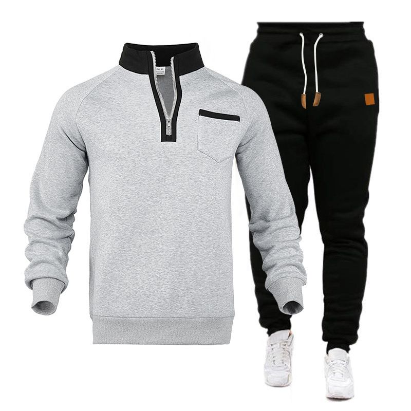 Tuta da uomo in pile con cerniera a un quarto, con cappuccio e pantaloni della tuta aderenti (bordeaux/nero/carbone/blu navy/grigio chiaro)_voghion.com