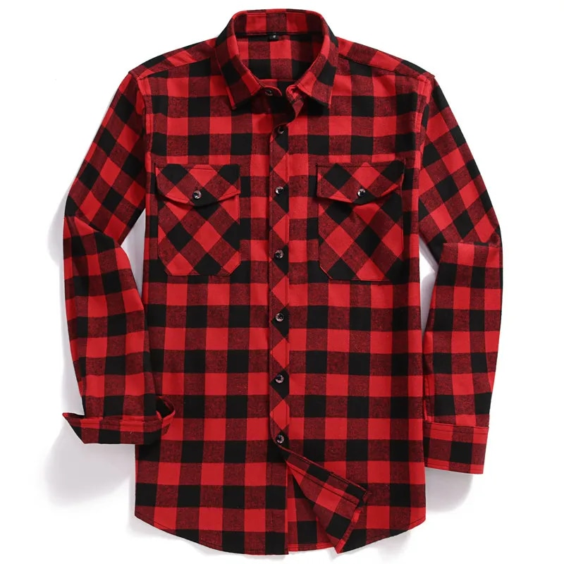 Fall Men's Flannel Plaid Long-Sleeved Casual Button Shirt USA Regular Fit Size S To 2XL, Classic Checkered, Double_voghion.com