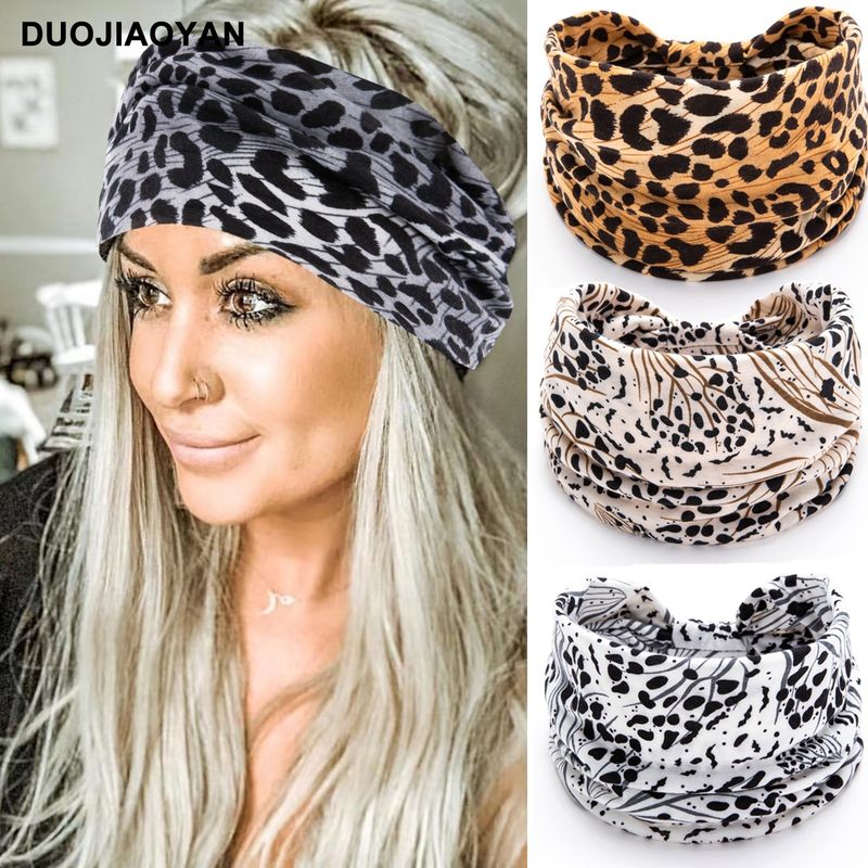 New Leopard Print Digital Printed Sports Headband with European and American Knotted Cross Wide Edge Elastic Headband for Women_voghion.com