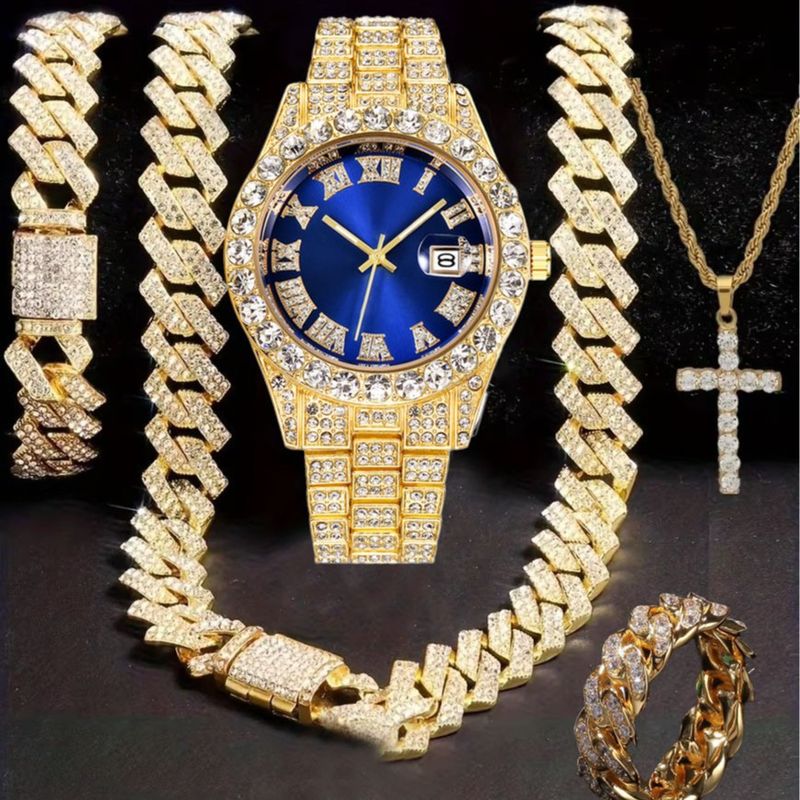 Orologio Hip Hop tempestato di diamanti, composto da cinque pezzi, con collana a croce a forma di diamante e anello cubano._voghion.com