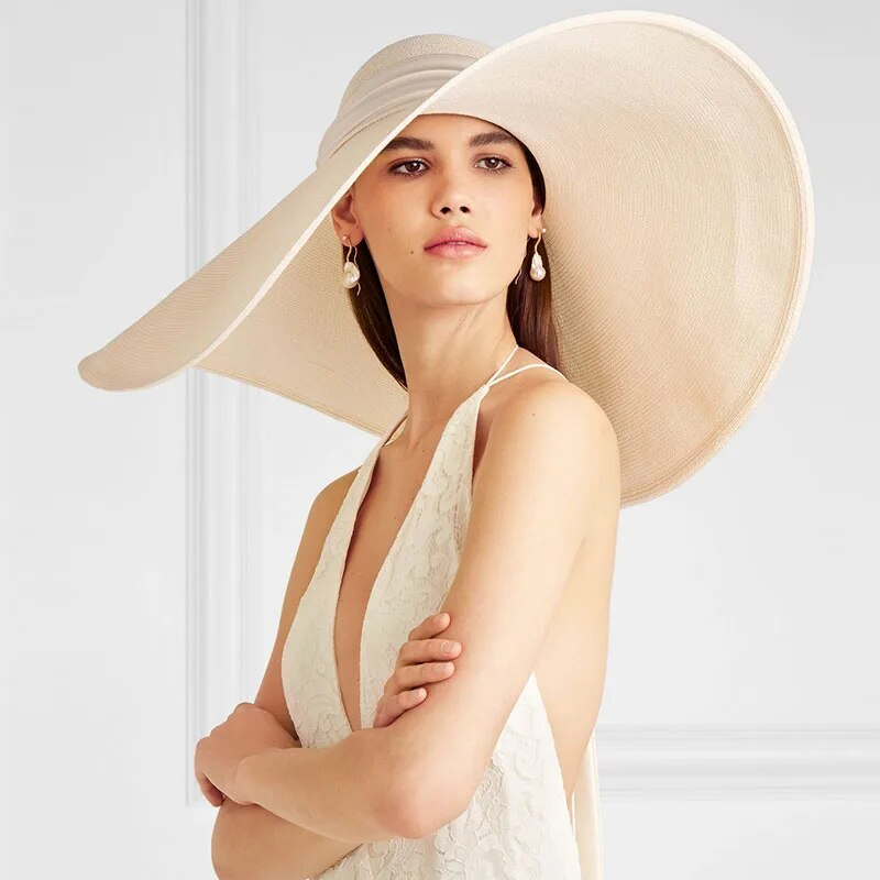 Moda Moda Donna Bianco 25cm OVERSIZED Sole Morbido Nastro di Seta Cravatta Tesa Larga Floppy Gigante Spiaggia Paglia Estate Kuntucky Derby Cappello Berretto_voghion.com