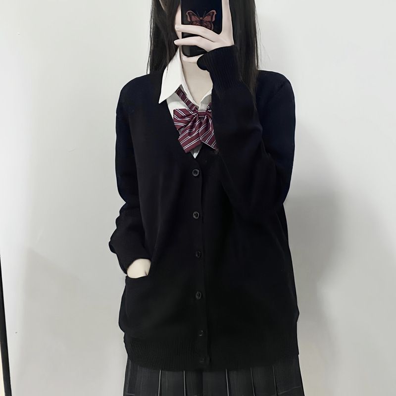 Japanese Style JK Cardigan Sweater For Women - Vintage School Uniform Inspired Long Sleeve Knit Top, Loose Fit V-Neck Open Front Coat_voghion.com