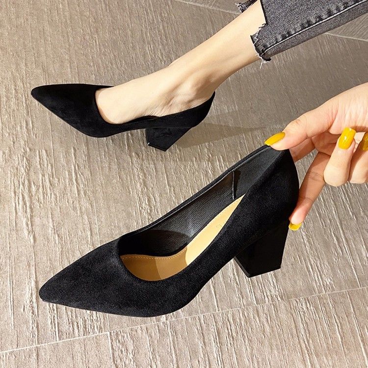 Stewardess Work High Heels Black Chunky Suede Professional Long Standing Not Tired Mid Heel Formal Office Single Shoes_voghion.com