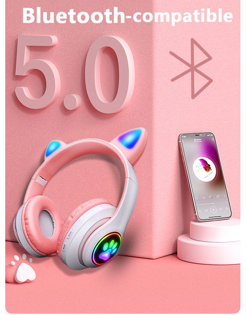 Cuffie wireless con orecchie di gatto rosa, compatibili con Bluetooth, auricolari stereo pieghevoli con microfono, musica per bambini_voghion.com