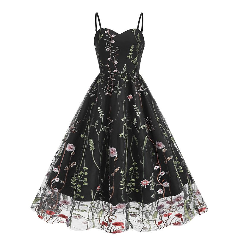 Rochie retro sexy pentru femei, cu broderie tip plasă, cu imprimeu floral_voghion.com