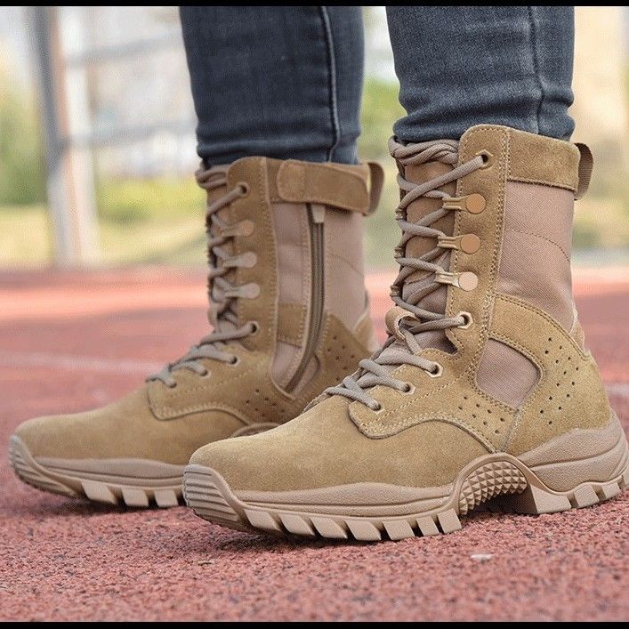 European Warm Series 021 New Training Men Side Zipper Ultra-light Breathable Mountaineering Wear-resistant Desert Brown Combat Boots Outdoor_voghion.com