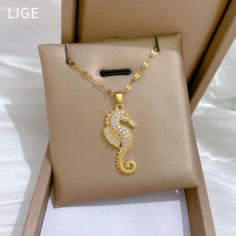 Roestvrijstalen ketting Klassieke glanzende zirkoon schattige zeepaard hanger ketting voor vrouwen Sieraden accessoires Geschenken voor dagelijks feest_voghion.com