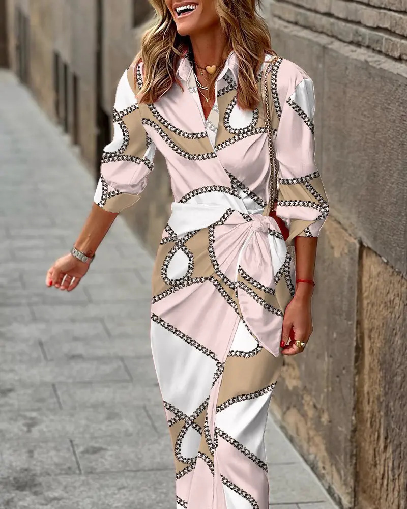 Abito da donna a righe di media lunghezza con stampa alla moda, colletto a camicia, allacciatura_voghion.com
