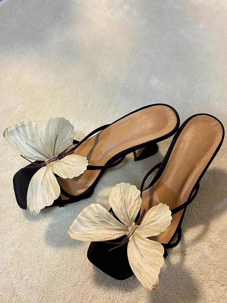 Pantofi de damă din piele de vacă, versiunea Thailandei, lucrați manual cu fluture, fâșii, sandale cu toc gros de zână de nișă nouă pentru femei_voghion.com