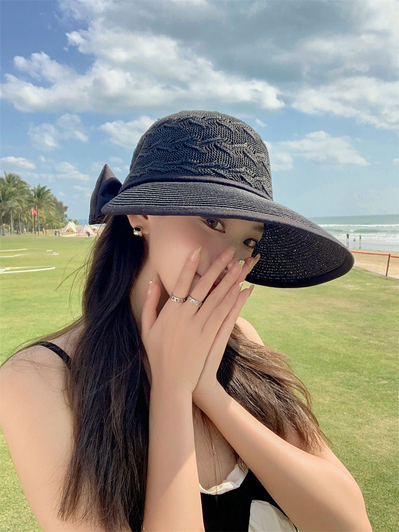 Nuovi arrivi Cappello di paglia con coda di cavallo da donna, visiera a tesa larga, estivo, regolabile, cappelli pieghevoli da spiaggia_voghion.com