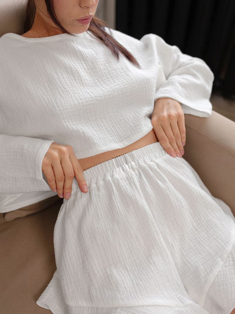 2024 Sommer Baumwolle Weiß Langarm Shorts Pyjamas Zweiteiler Casual Plaid Atmungsaktive Damen Home Kleidung_voghion.com
