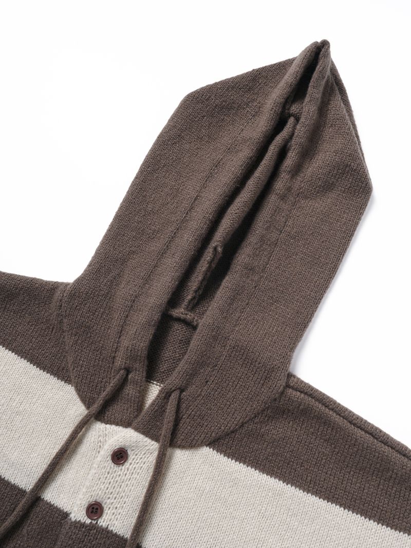 Übergroßer gestreifter Strickpullover mit Kapuze für Herren – Langarmpullover mit Knopfdetail für Herbst und Winter_voghion.com