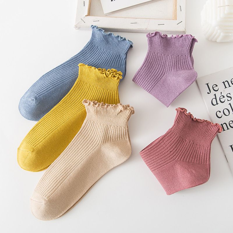 2 pairs of socks for women in a set, spring and summer, wood ear edge boat socks, double needle women's Japanese style short style, women's solid color lace women's socks_voghion.com
