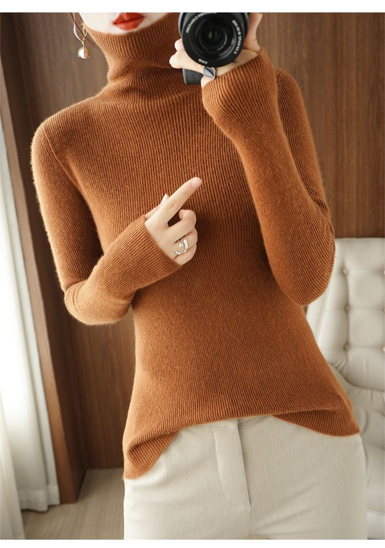 Abbigliamento da donna Autunno e inverno Maglione lavorato a maglia a maniche lunghe con colletto in pile da donna Maglione interno da donna Maglione aderente a fondo sottile_voghion.com