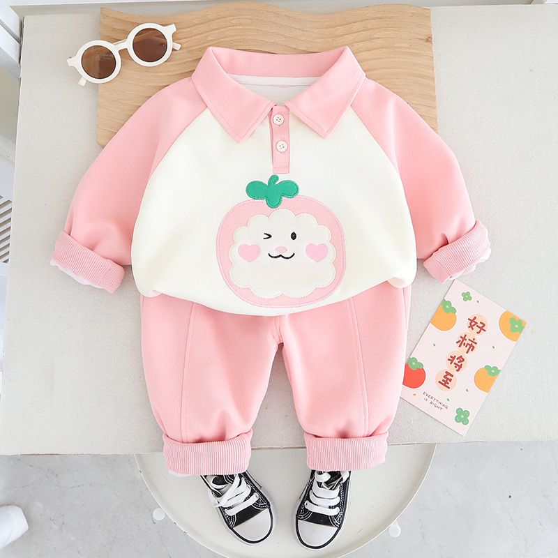 Abbigliamento per bambine primavera 2025, alla moda e versatile. Completo due pezzi con cappuccio a maniche lunghe e motivo cartoon._voghion.com