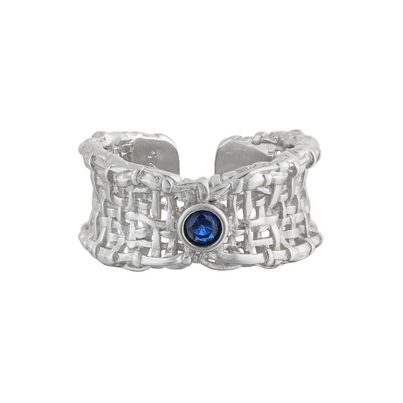 836 Anello in argento puro con zircone blu intarsiato, stile coreano, personalità minimalista, maglia intrecciata, design cavo_voghion.com