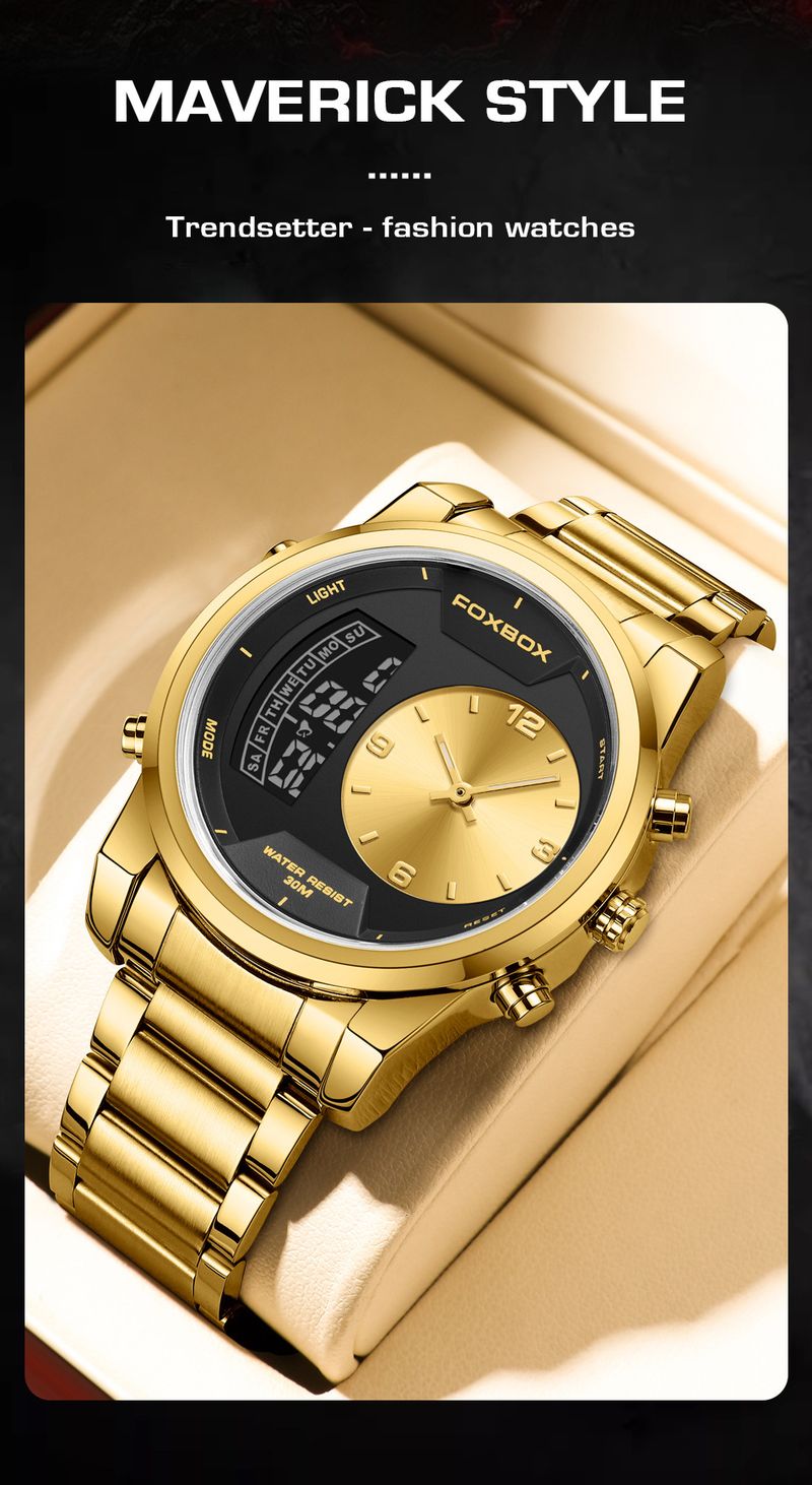 Men's Waterproof Luminous Analog Digital Watch With Alarm Chronograph, Stainless Steel Band, Mineral Glass, 43mm Round Case_voghion.com