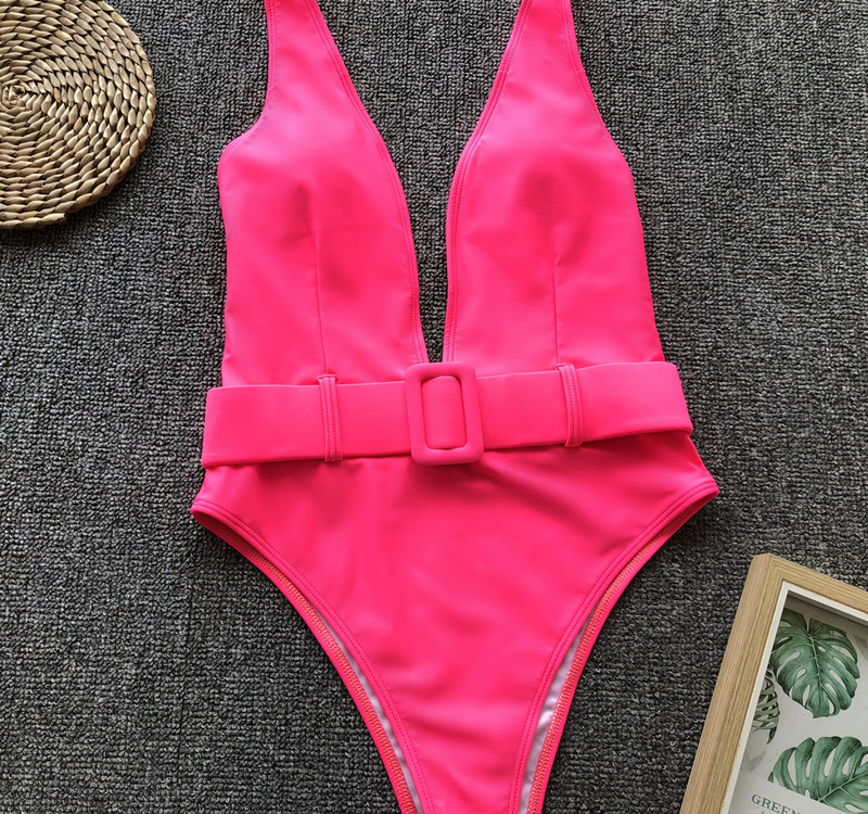 Traje de baño de una pieza para mujer, bikini de una pieza con hebilla y cinturón con estampado de leopardo_voghion.com