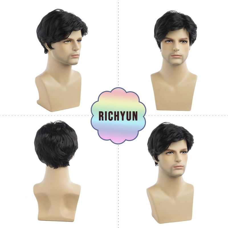 Synthetic Clip-in Men's Wig Black Side Parted Short Straight Hair High Temperature Silk Synthetic Fiber Headpiece Man's Wig_voghion.com