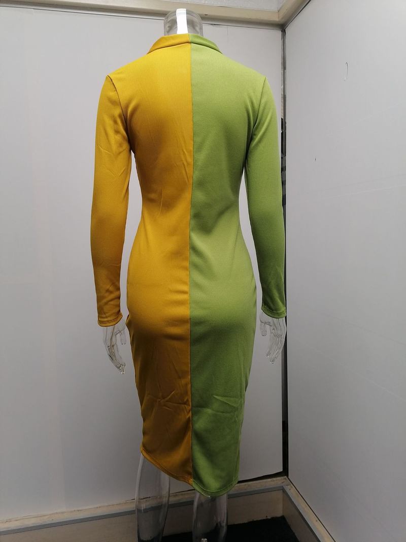 Dameskleding herfst en winter seizoen nieuw temperament woon-werkverkeer kleur bijpassende knoop hoge taille lange jurk_voghion.com