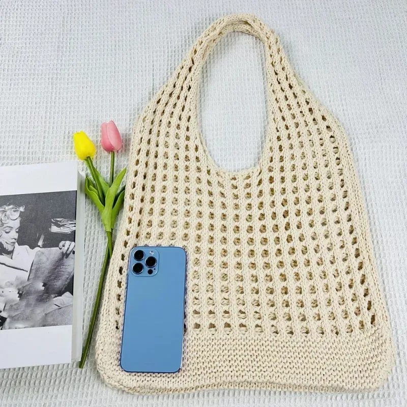 Borsa a tracolla traforata in corda di cotone, borsa da pesca in maglia da donna, borsa estiva da spiaggia in tessuto morbido 250421_voghion.com