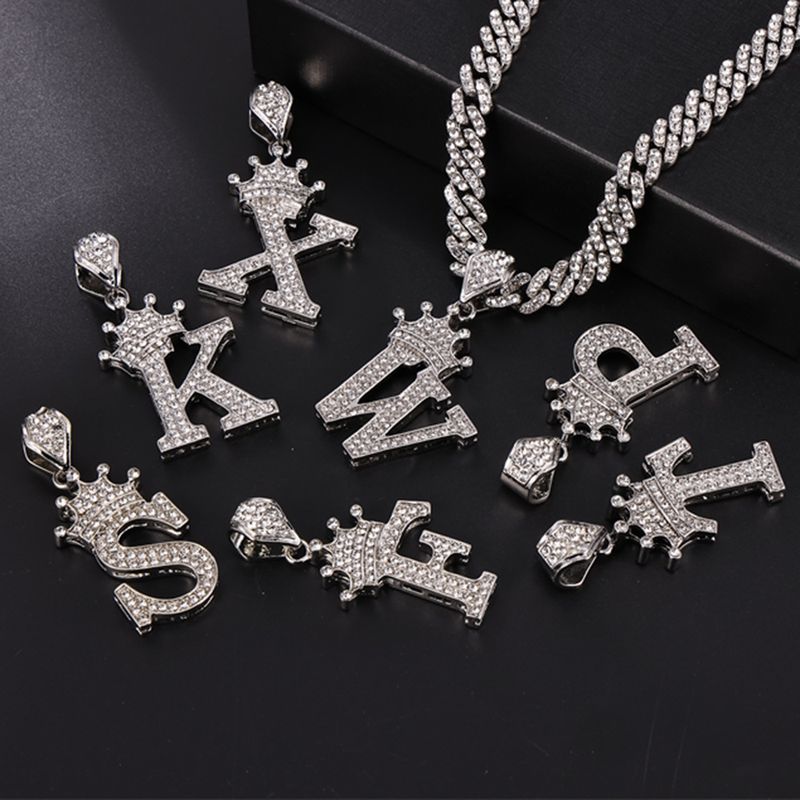 Collana con lettera a forma di corona popolare in oro e argento per uomo e donna hip hop, con diamanti pieni, collana con lettera a forma di fiore, lotto di gioielli_voghion.com