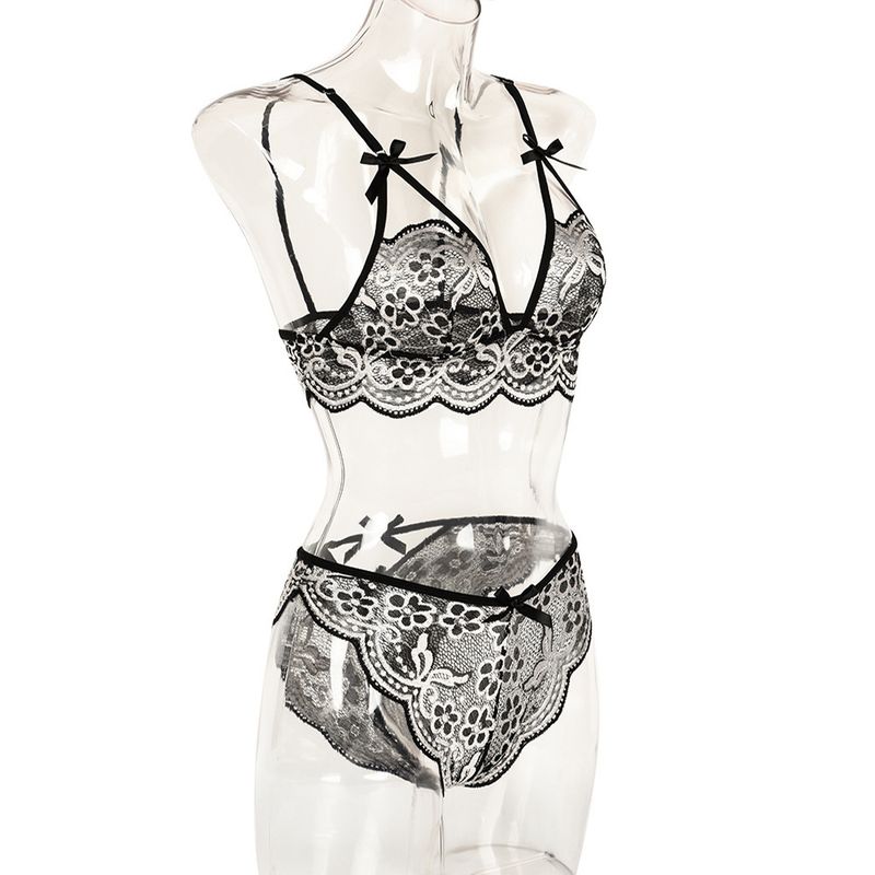 Women's Intimates New Bow Deep V Jacquard Two Piece Sexy Lingerie_voghion.com