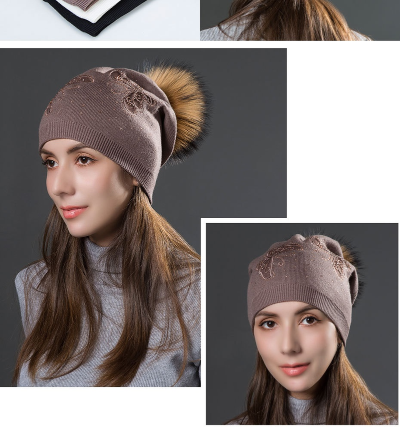 Women's Winter Fur Raccoon Ball Warm Hot Diamond Hollow Butterfly Knitted Versatile Fashion Pullover Hat_voghion.com