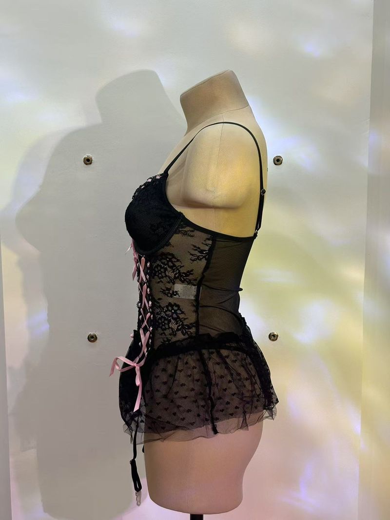 New Sexy Steel Ring Gathering Seductive Transparent Mesh Bow One-piece Lingerie_voghion.com