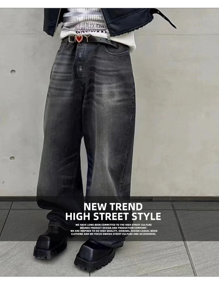 Urban Washed Distressed-broek voor heren en dames LargeBaggy Waxed Glossy Fried Salt Scan Jeans_voghion.com