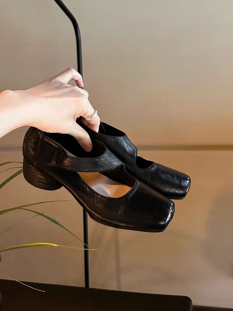 Rindsleder-Version ~ Traubenmutter Gleiche Textur Echte quadratische Zehenpartie Klobige weiche Oberfläche Kleiner Leder-High-Heel-Einzelschuhe für Damen_voghion.com