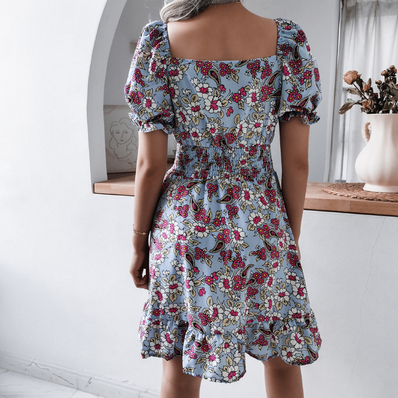 Vestito estivo casual con scollo quadrato, maniche a lanterna, volant floreali, moda donna_voghion.com